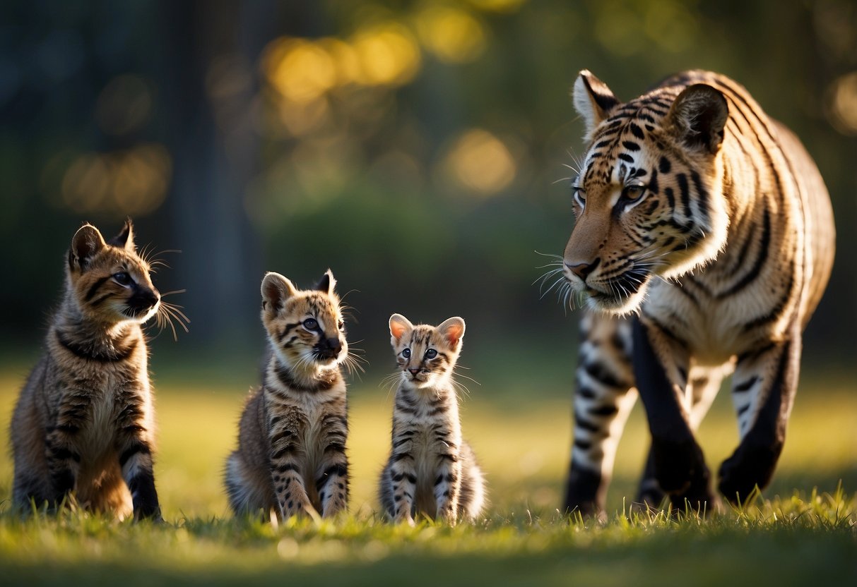 A family of diverse animals happily playing together, each displaying unique characteristics, showing cooperation and harmony