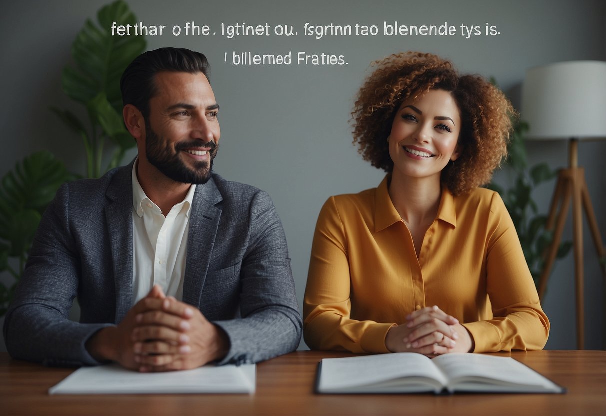 Two adults sit side by side, speaking calmly. A list of "10 Signs You've Successfully Blended Your Parenting Styles" is displayed prominently