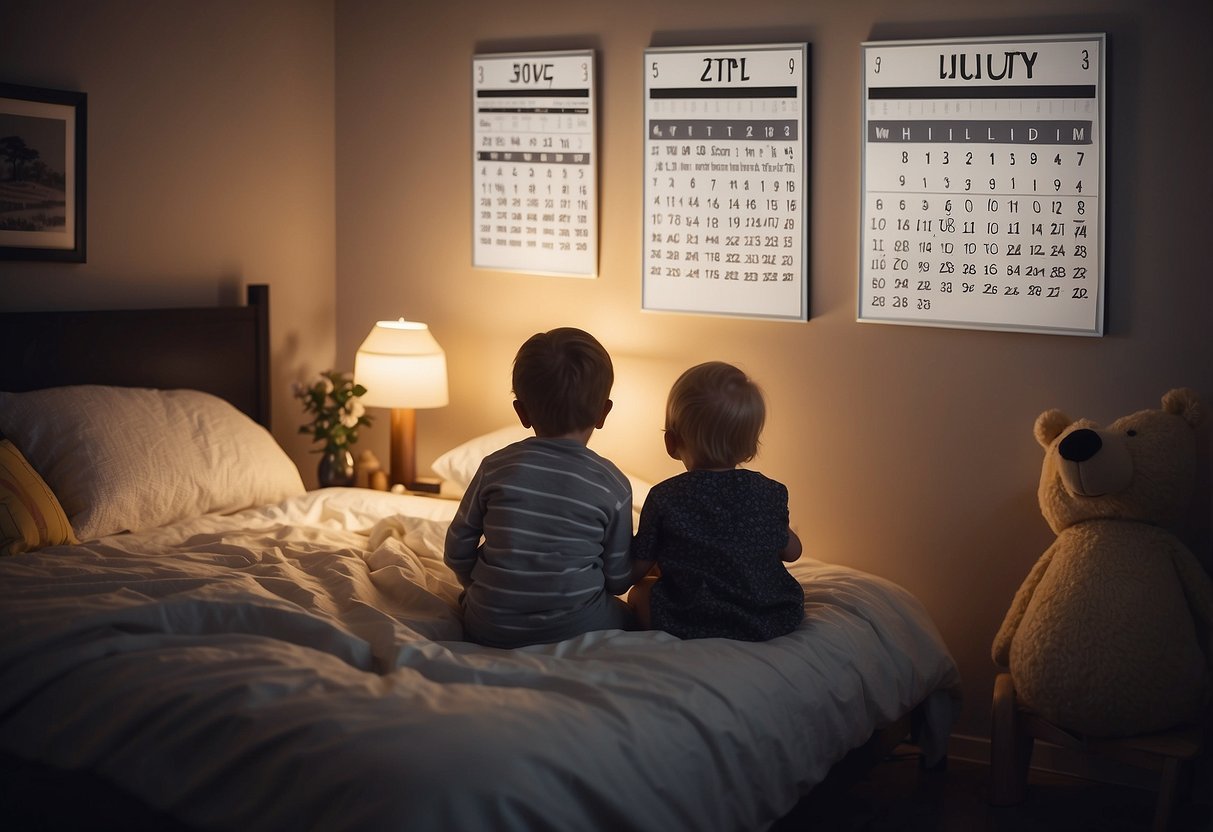 A family calendar hangs on the wall, showing agreed-upon bedtimes. A peaceful bedtime routine unfolds in a cozy bedroom