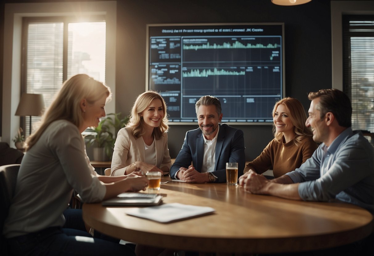 A family sitting around a table, calmly discussing rules and expectations. Smiles and nods indicate agreement. A chart on the wall lists shared values