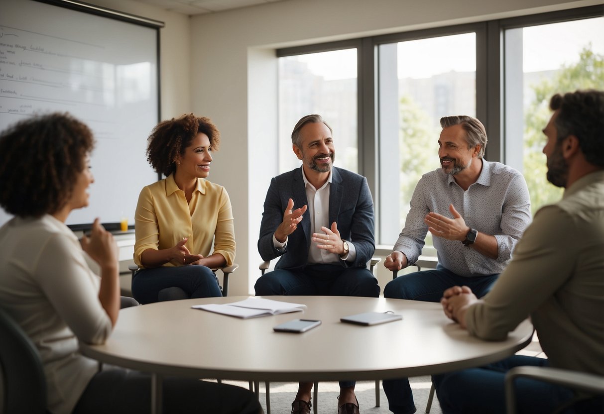 A group of adults sit in a circle, gesturing and talking animatedly. A whiteboard behind them lists "10 Signs You’ve Successfully Blended Your Parenting Styles."