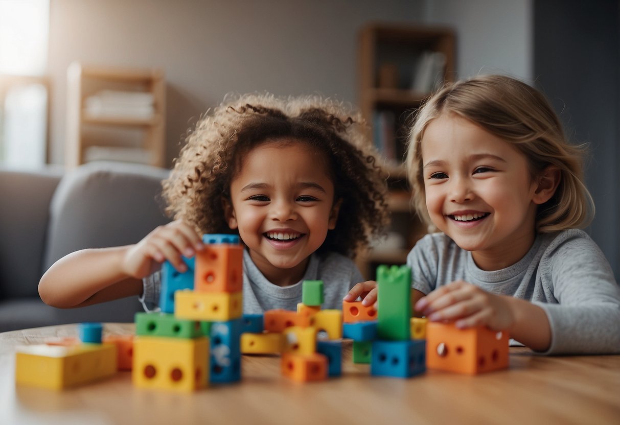 Children playing together happily, building with blocks, reading books, and sharing toys. Parents observing with smiles, showing unity in their parenting styles