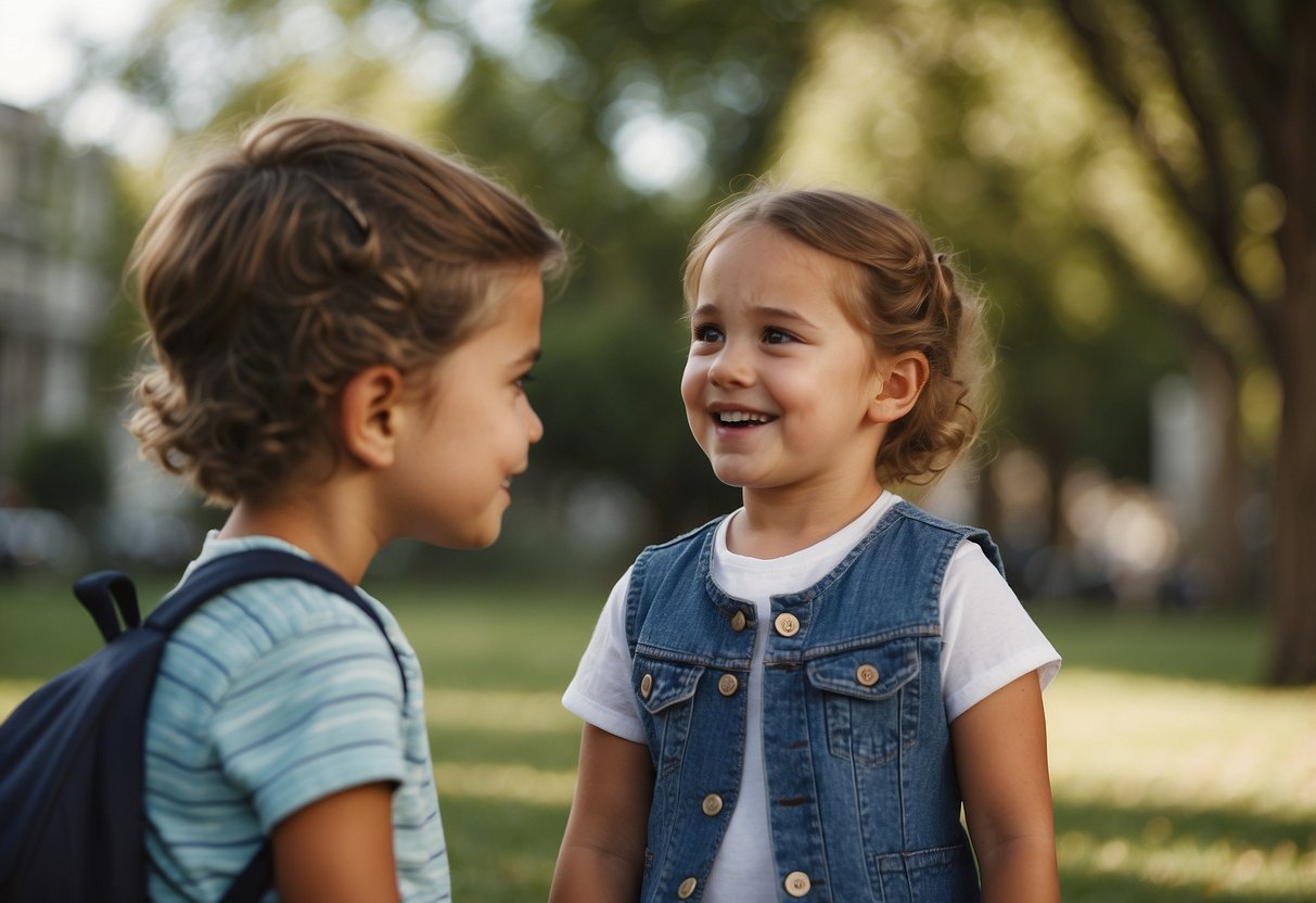 Parents calmly discussing differences, using compromise and respect. Children play nearby, unaware of the conversation. Harmony evident in the peaceful atmosphere