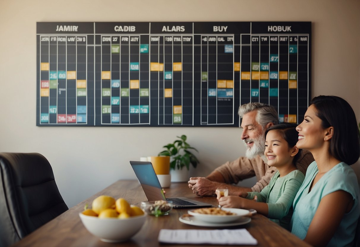 A family calendar on the wall with color-coded schedules. A couple sits at a table, discussing and organizing their family routines