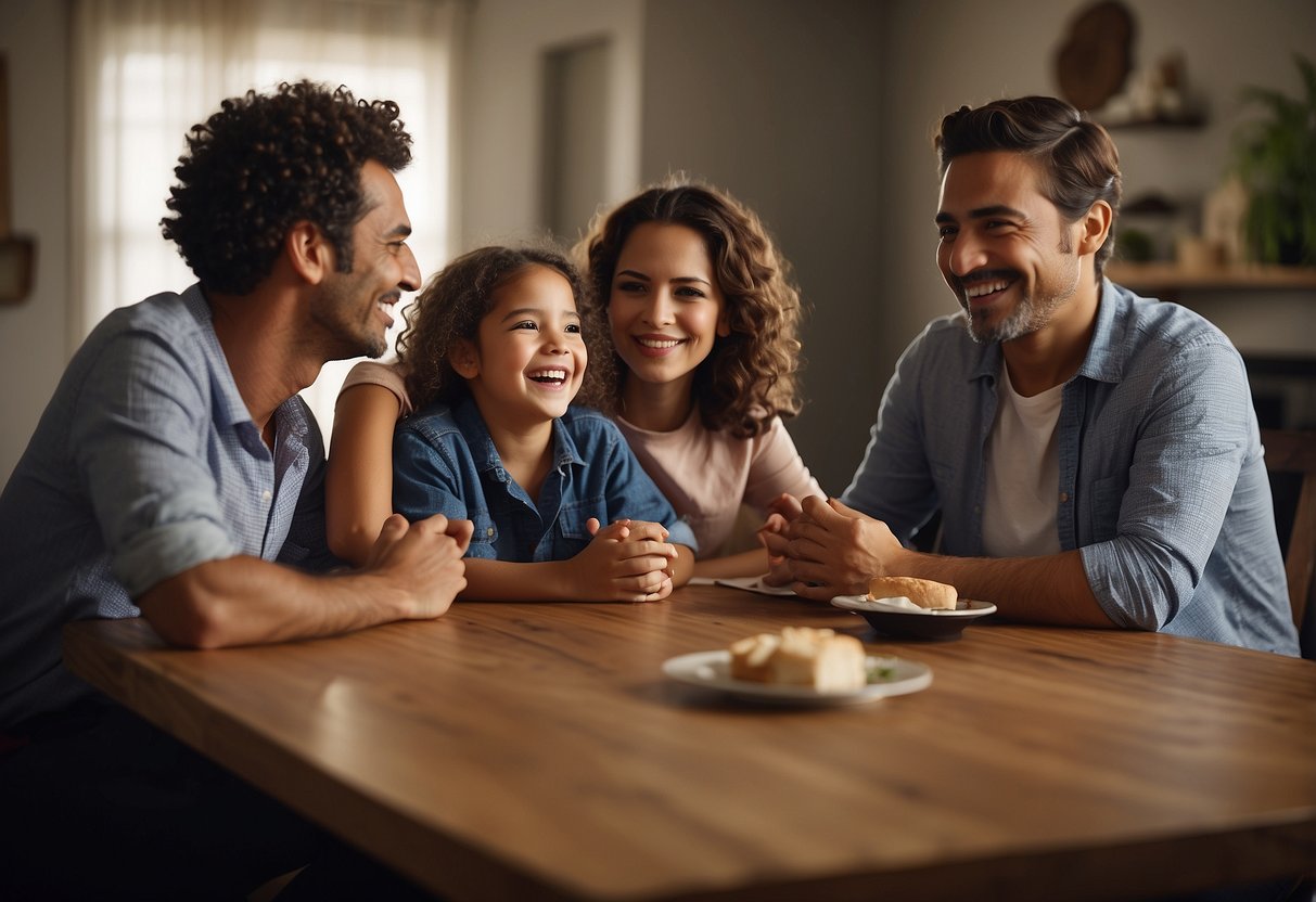 A family sitting around a table, smiling and engaging in conversation. A mix of cultural symbols and traditions displayed in the background