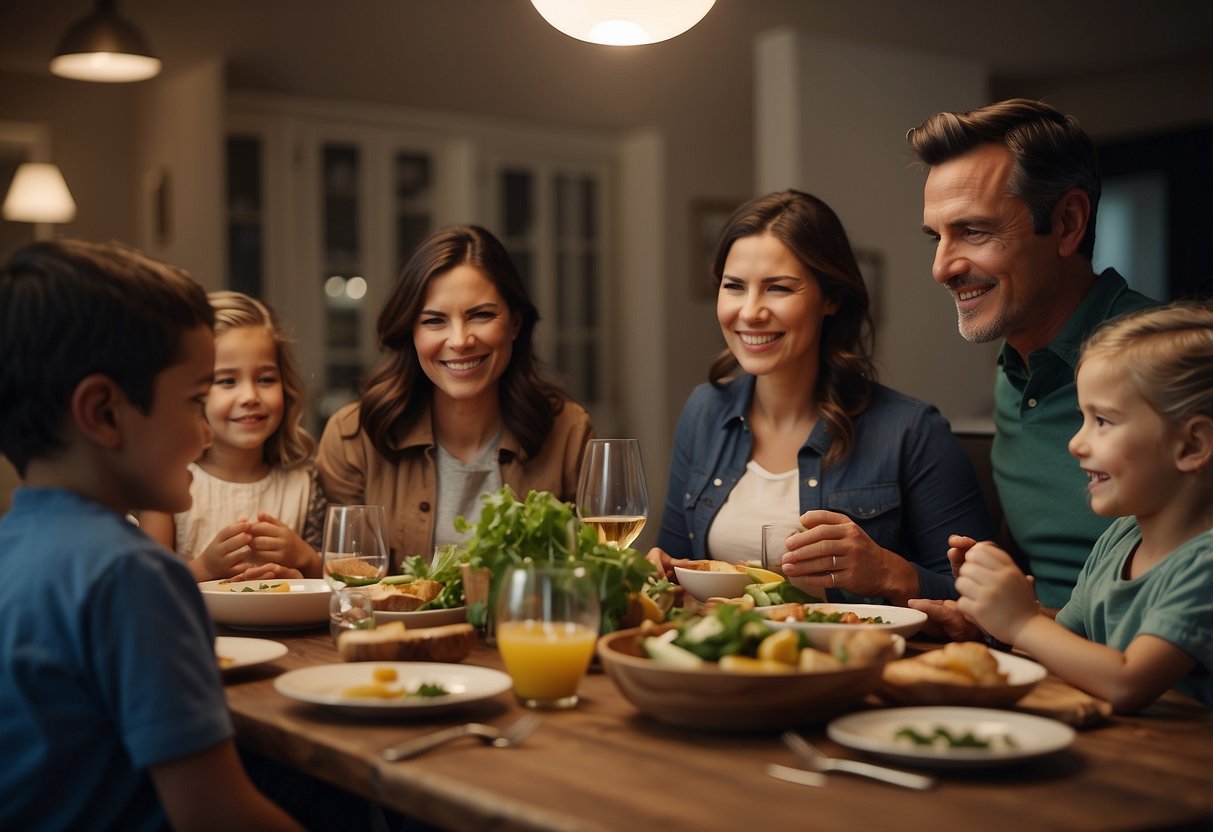 A family sitting around a dinner table, with parents engaging in conversation, while children listen and participate, showing signs of respect and cooperation