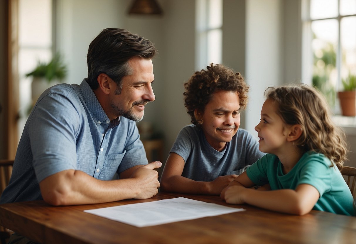 A family sitting around a table, engaging in open and respectful conversation. Both parents are actively listening and responding positively to each other's input. The children are also participating in the discussion, showing signs of understanding and respect for both parents' viewpoints