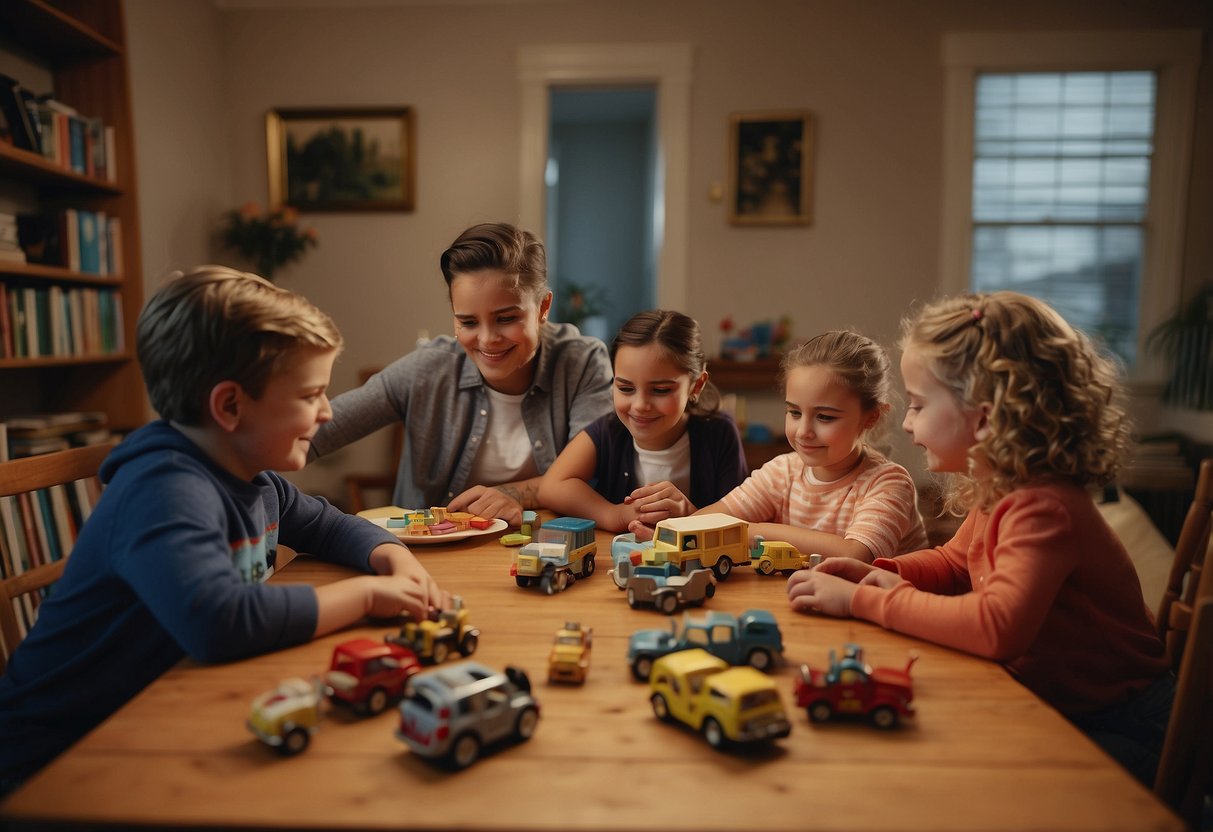 A family sitting around a dinner table, each member engaged in conversation, with a mix of toys and books on the floor, showing a balance of structure and flexibility in their parenting styles