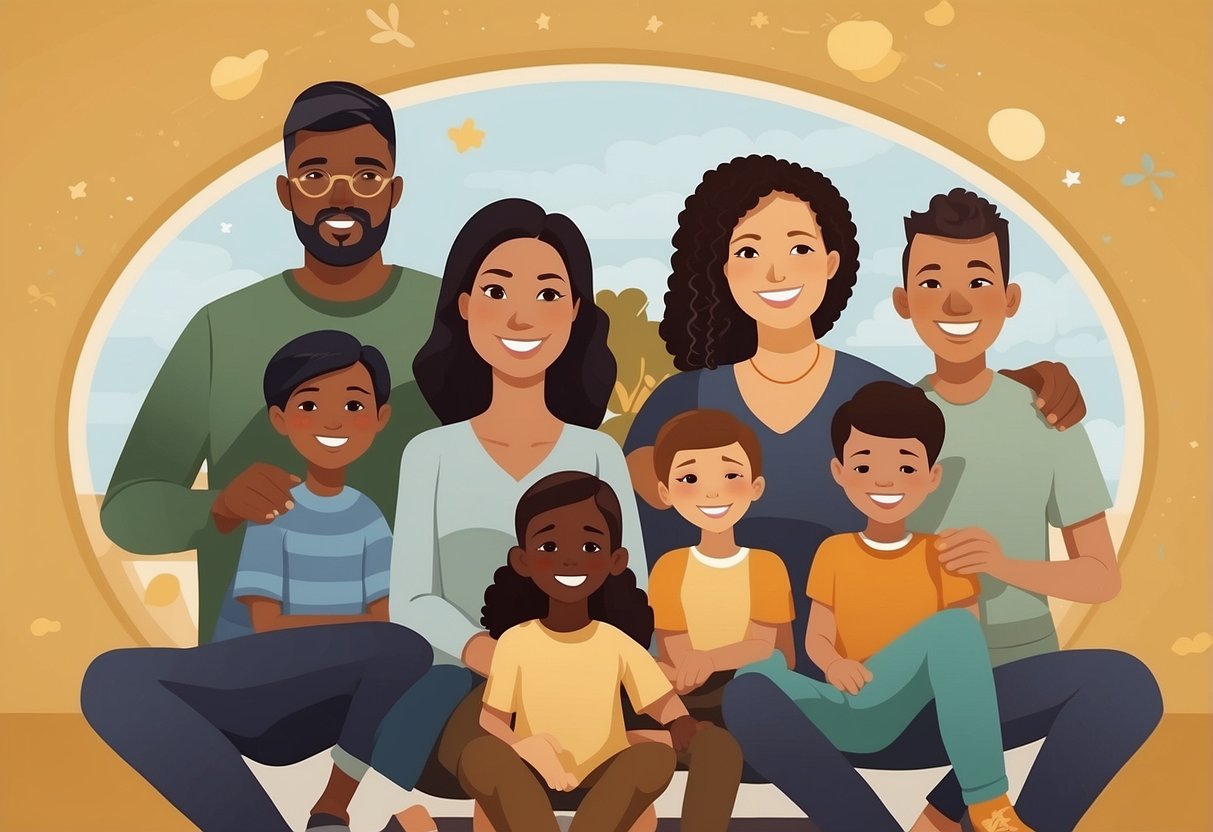 A diverse group of parents using various methods to manage co-parenting, including communication, compromise, and flexibility. Each parent is depicted with their unique style, working together to create a harmonious environment for their children