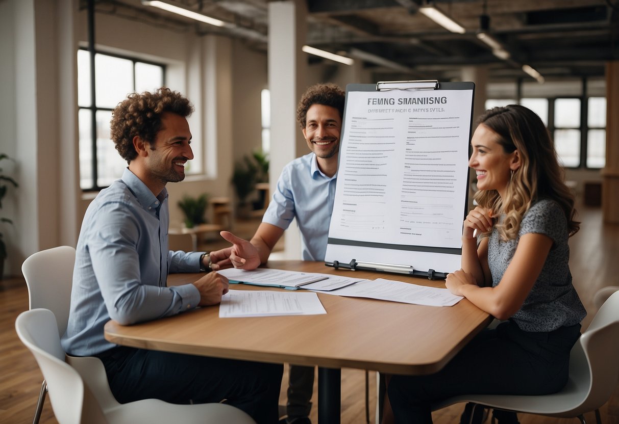 A table with two adults on opposite sides, each holding a document. One is smiling while the other looks concerned. A whiteboard in the background lists "7 Strategies for Managing Different Parenting Styles"