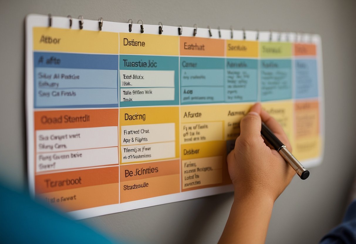 A child's daily schedule on a wall calendar, with labels for different activities and times. A parent's hand holding a list of discipline techniques