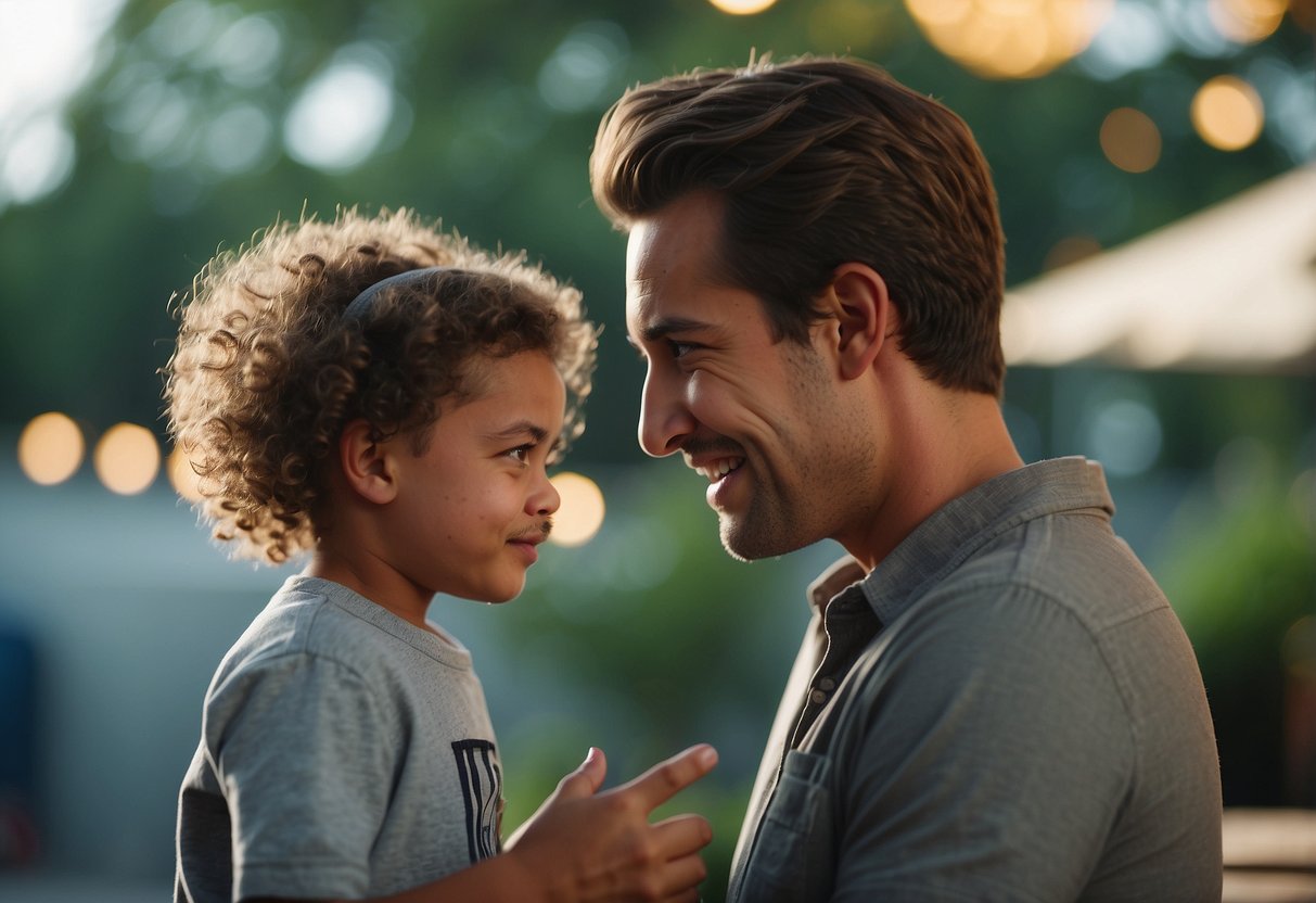 A parent calmly uses active listening techniques with their child, maintaining eye contact and nodding in agreement. The child feels heard and understood