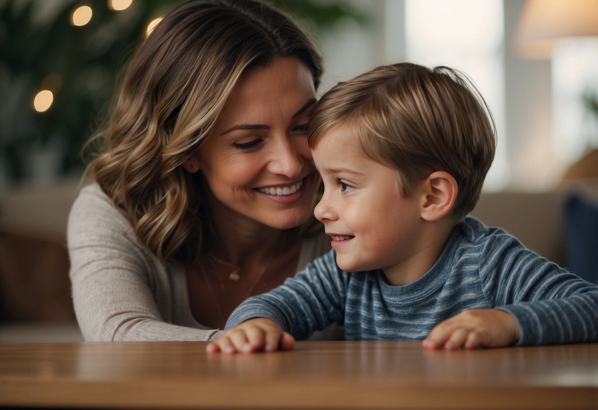 A parent calmly redirects a child's behavior, maintaining eye contact and using a gentle tone of voice. The child responds positively to the parent's empathetic communication