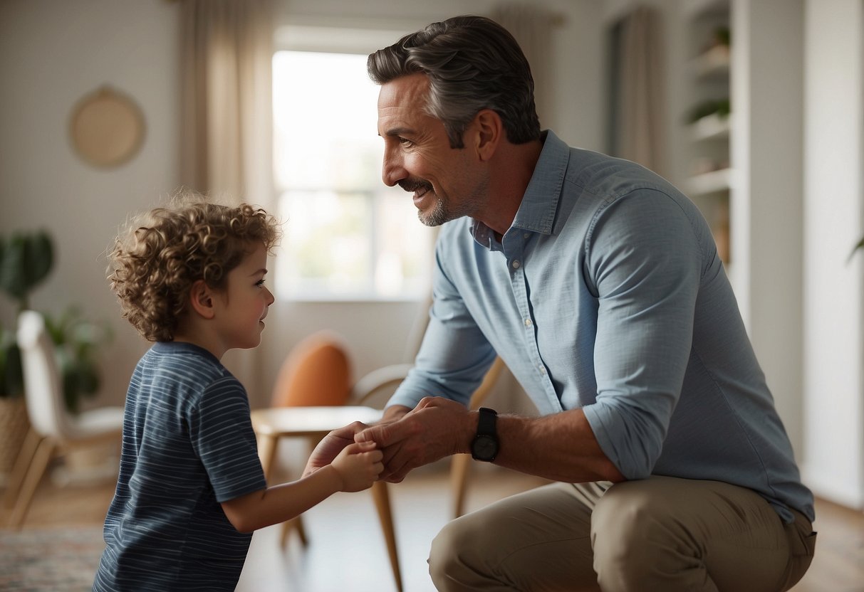 A parent calmly redirects a child's behavior, using positive reinforcement and clear communication. The child responds positively, showing understanding and respect