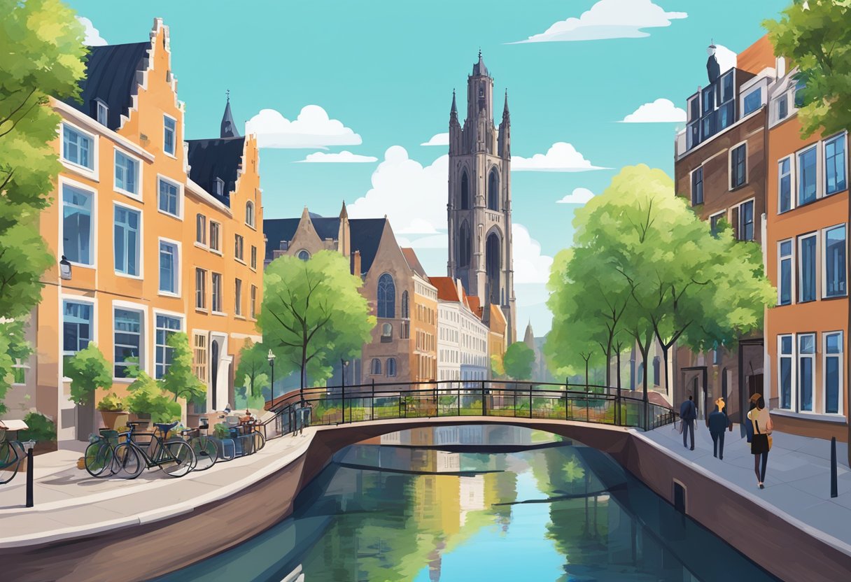 A colorful cityscape with iconic Utrecht buildings and landmarks, including the Dom Tower and canals, surrounded by greenery and blue skies