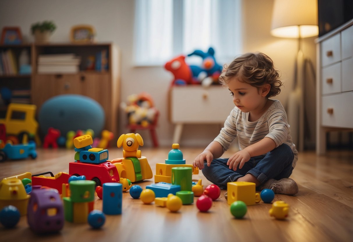 A child's toys scattered across a tidy room, a parent calmly redirecting a child's behavior, a gentle tone and understanding expression on the parent's face