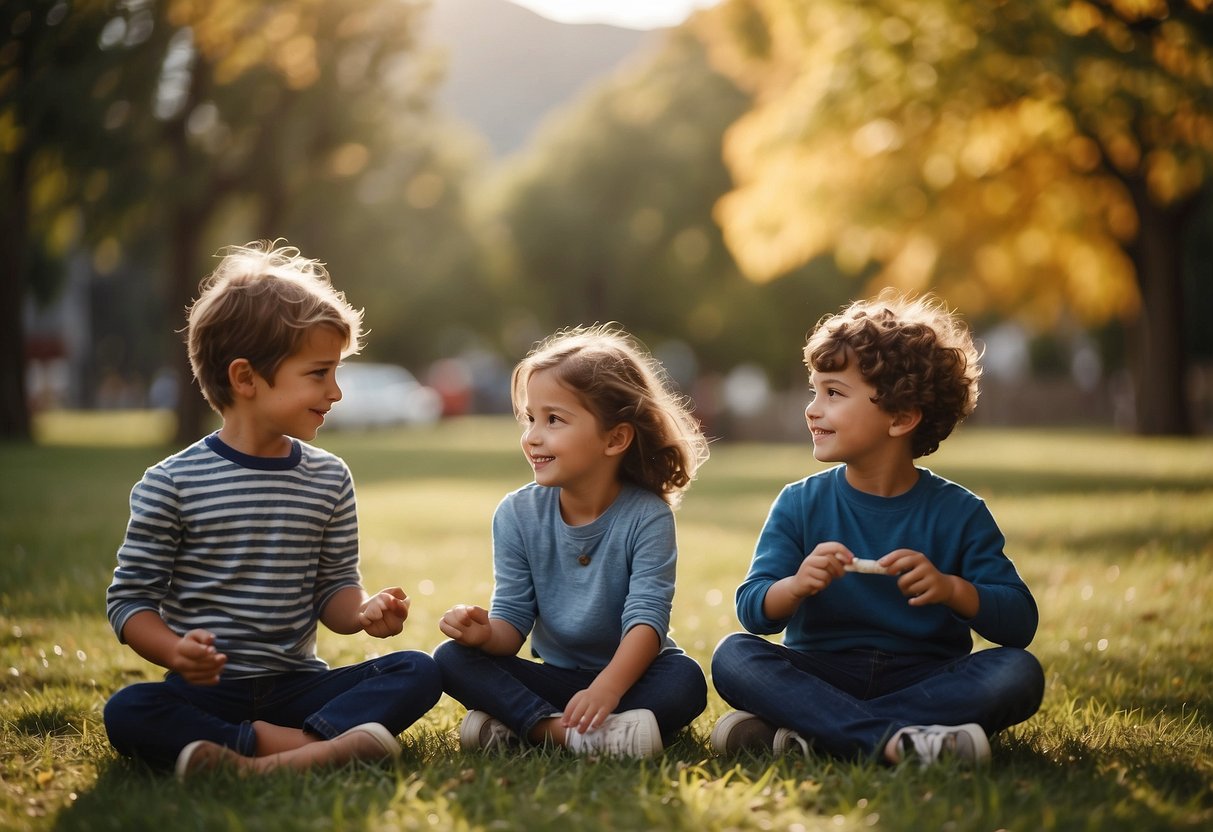 Children playing peacefully, following rules. Parents observe from a distance, showing warmth and support. Clear boundaries and consistent guidance evident in the environment