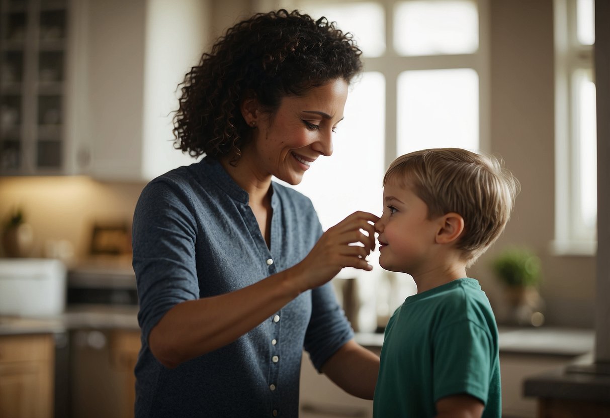 A parent calmly redirects a child's behavior, maintaining a warm and understanding tone. The child responds positively, showing signs of understanding and cooperation