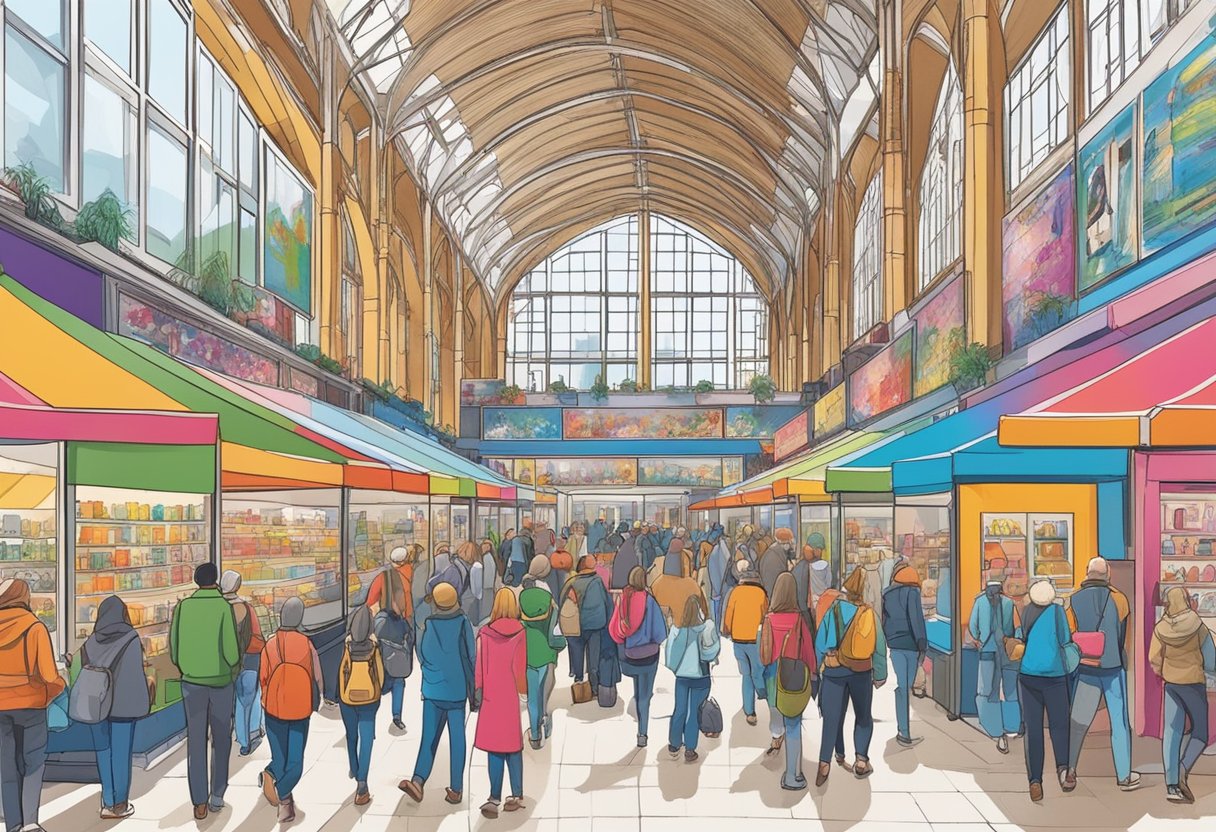 The bustling Jaarbeurs in Utrecht, with colorful stalls and crowds of visitors browsing through a variety of products and exhibits