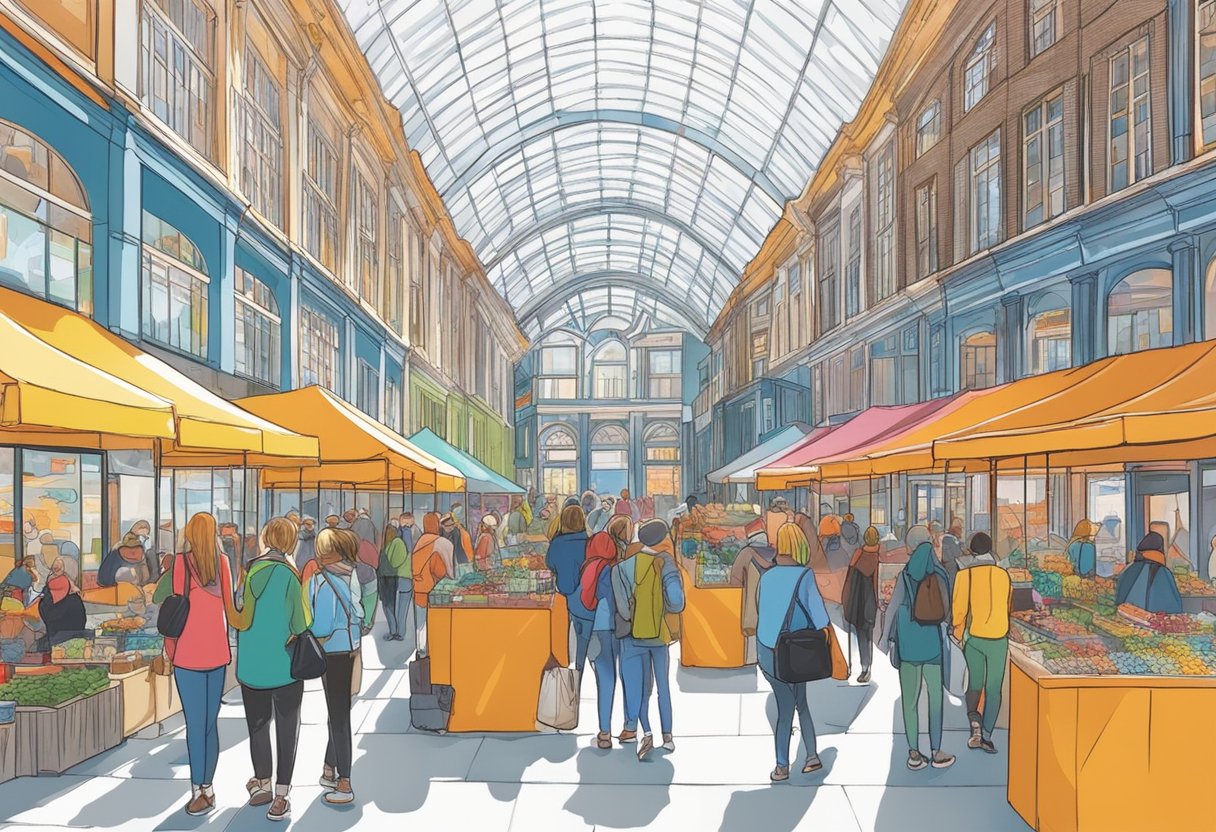 The bustling Jaarbeurs in Utrecht, with colorful stalls and busy visitors, surrounded by modern buildings and a vibrant atmosphere