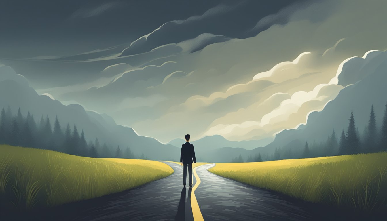 A person stands on a path, facing a fork in the road. One path is dark and stormy, while the other is bright and sunny, representing the choices between negative and positive emotional styles