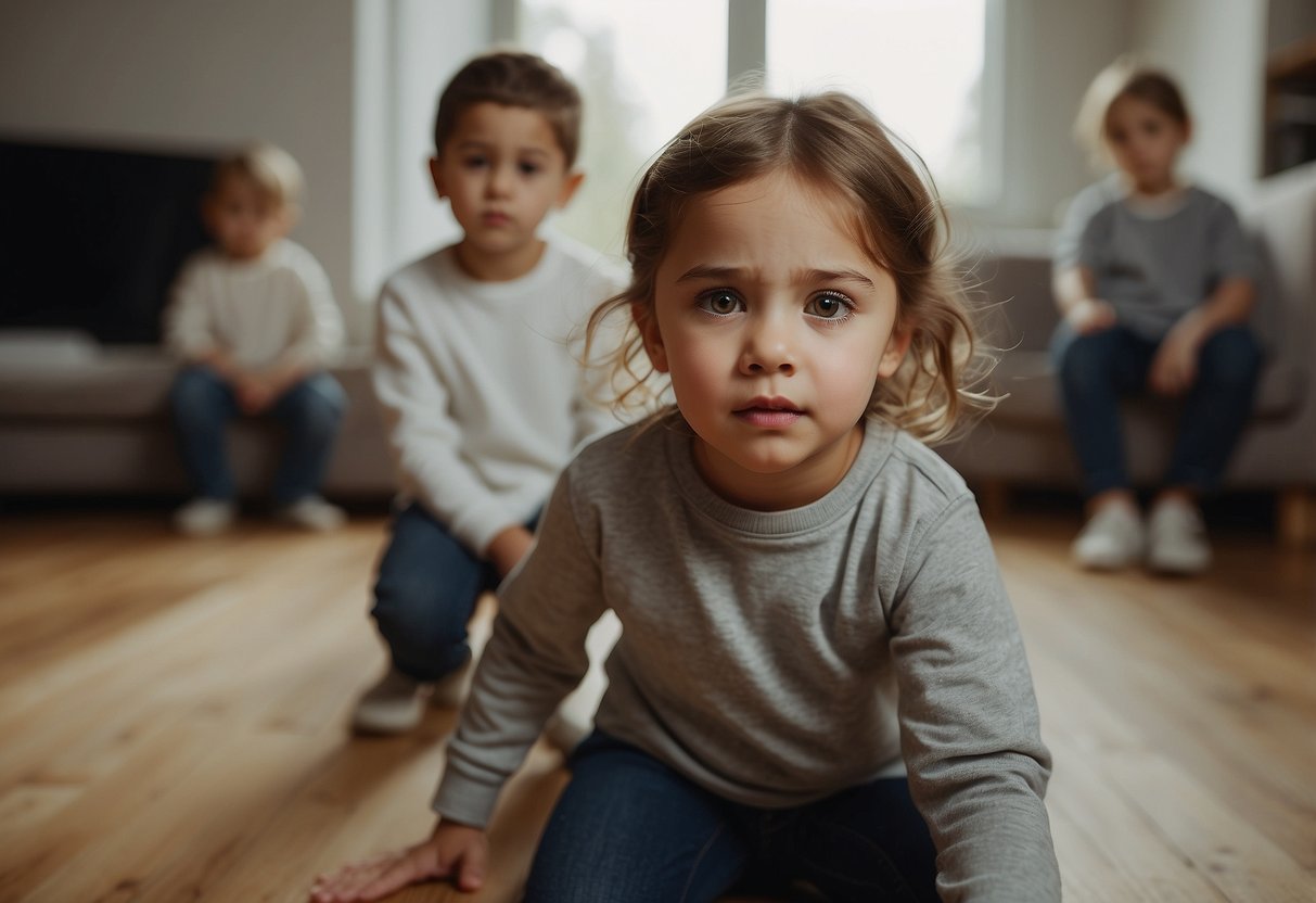 Various children following different rules at home, one with strict discipline, another with leniency. One child sits quietly, another runs around freely. Illustrate the contrast in parenting styles