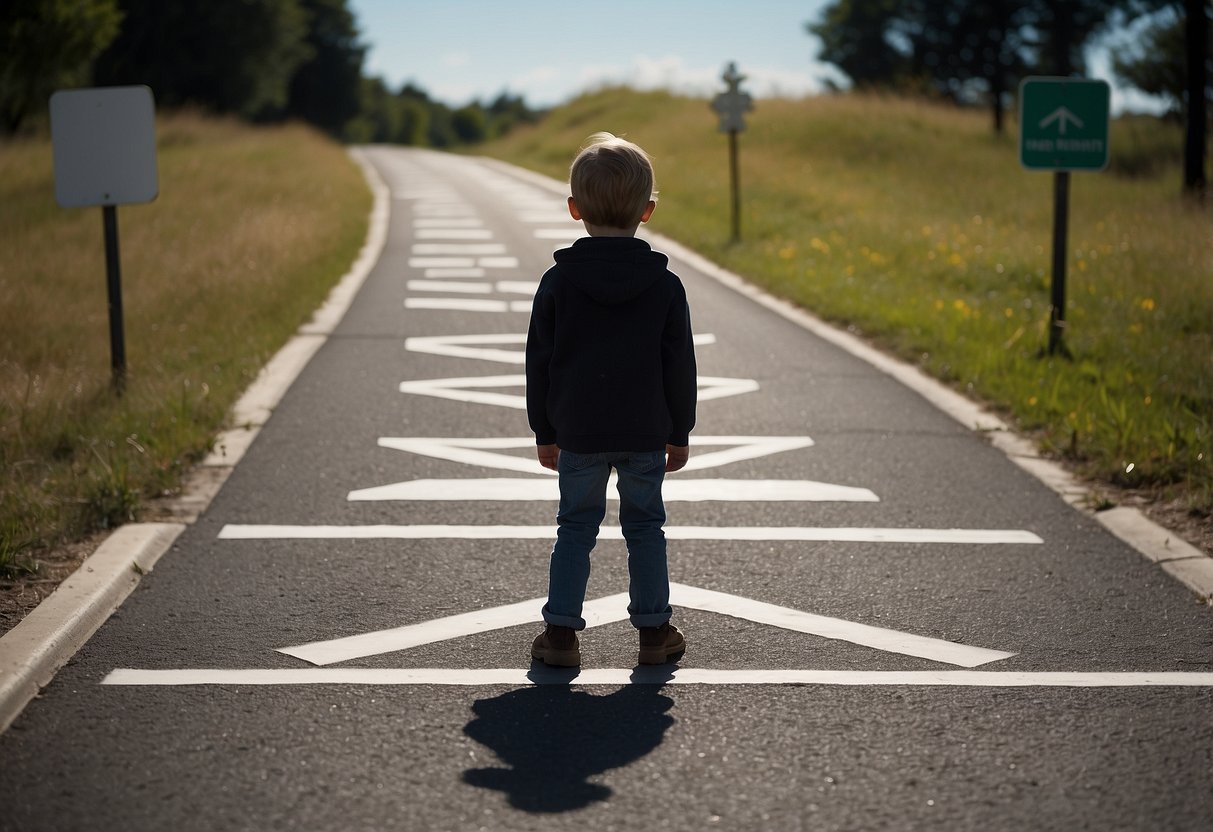 A child stands at a crossroad, one path leading to chaos, the other to order. Two contrasting parenting styles loom over, each with its own set of challenges and consequences