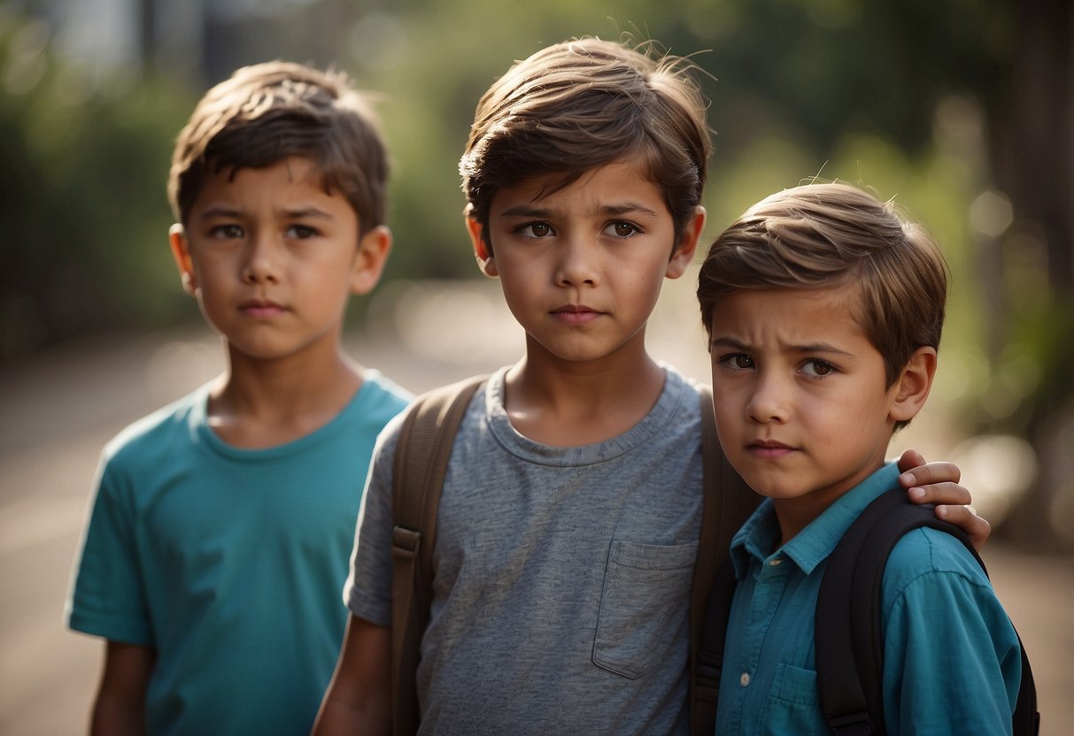 A child stands between two adults, one pointing sternly and the other with a gentle smile. The child looks confused, torn between conflicting messages