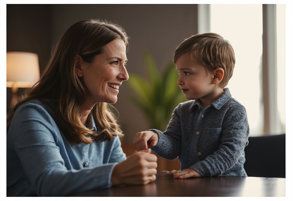 A parent calmly setting consistent rules and boundaries for their child, while also offering support and guidance