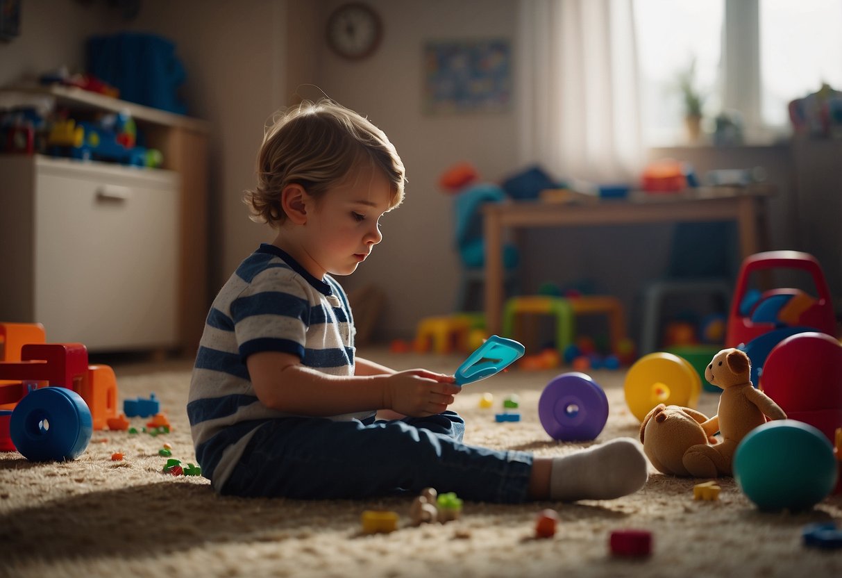 A child sits alone in a messy room, toys scattered everywhere. A clock on the wall shows the time as the child waits for dinner, with no sign of a parent in sight