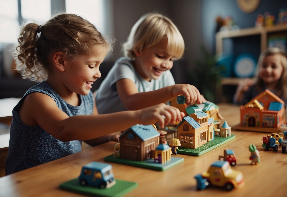 Children playing with toys, reading books, and doing crafts. A parent smiling and praising their efforts