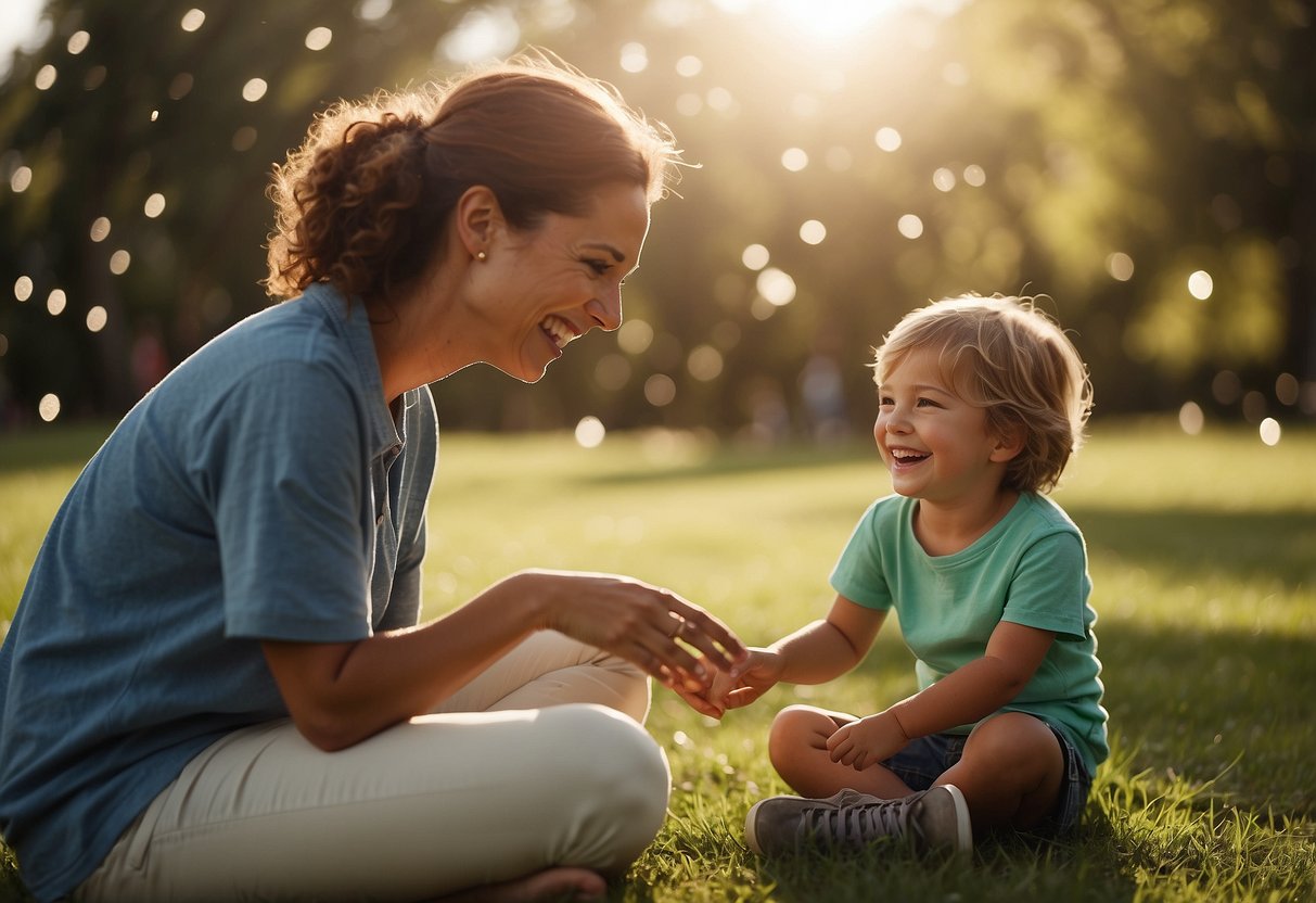 A colorful, vibrant scene of a parent and child engaging in activities together, with smiles and laughter. The parent is offering praise and encouragement, while the child is responding positively to the reinforcement