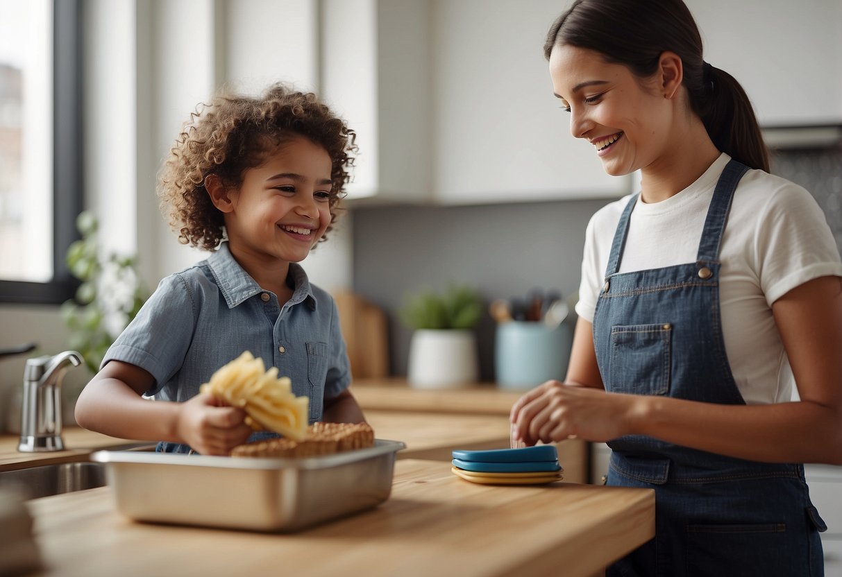 A child completing chores happily, receiving praise and a reward from a parent. Smiles and positive interaction between the two