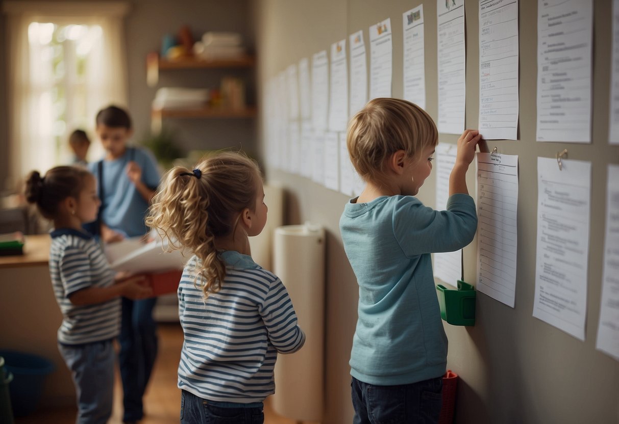 Children completing chores independently, parents supervising from a distance, charts and lists on the wall, a sense of teamwork and accomplishment