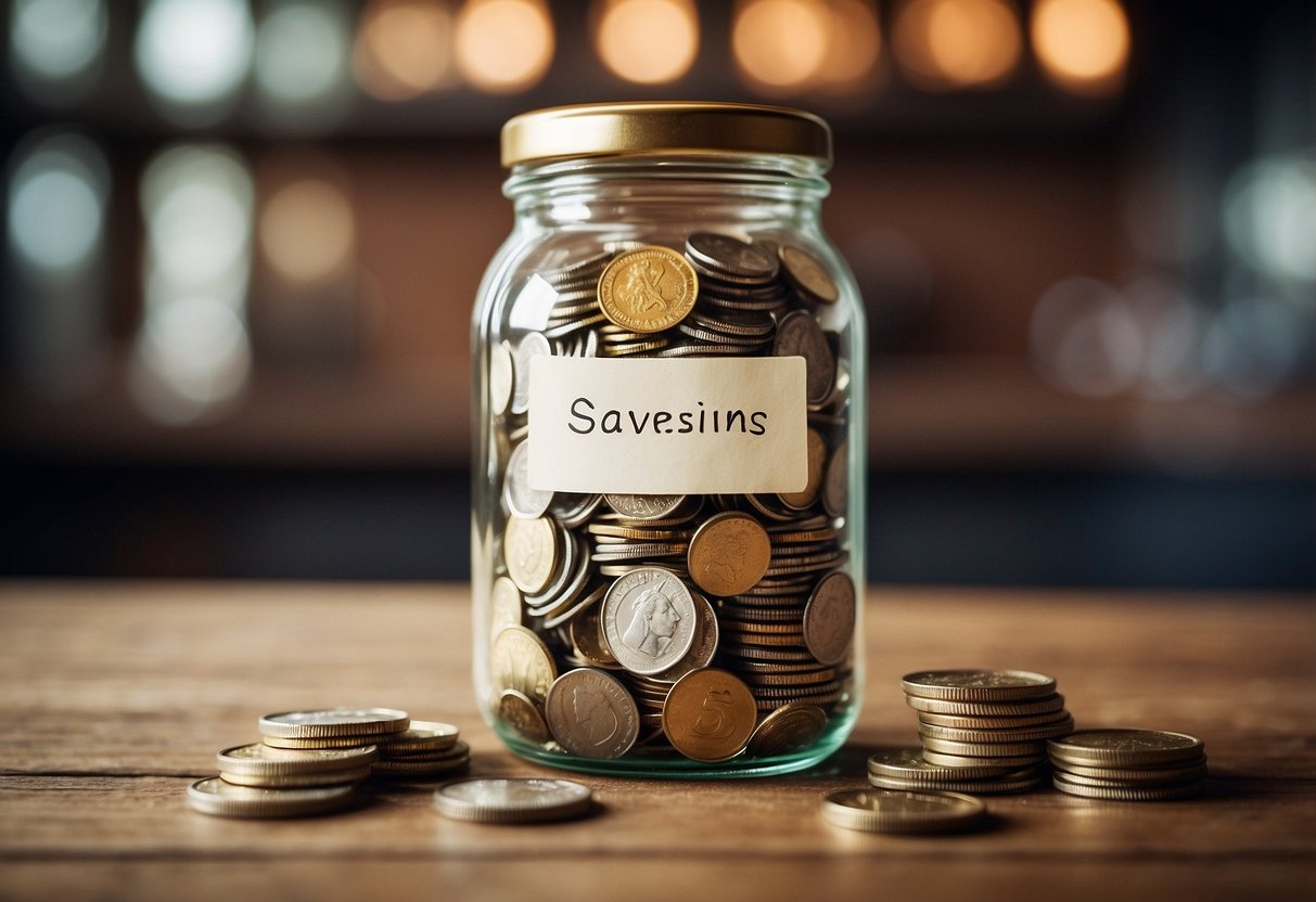 A clear glass jar filled with coins and bills, labeled "Savings Jar: 10 Parenting Approaches That Teach Kids Responsibility."