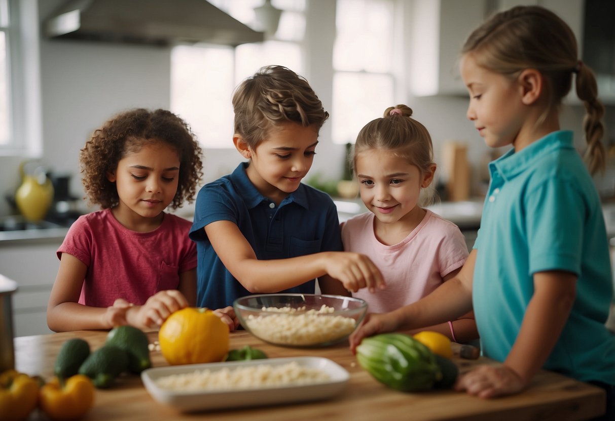 A group of children gather around a kitchen counter, eagerly watching as ingredients are measured and mixed. The instructor guides them through the process, teaching the importance of responsibility in cooking