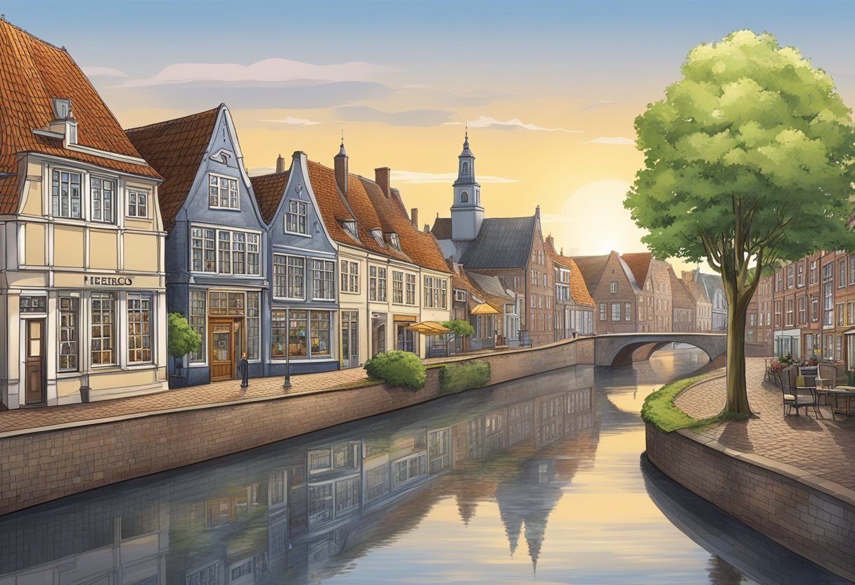 The serene town of Hengelo in Gelderland, with its charming old buildings, cobblestone streets, and a picturesque river flowing through the center