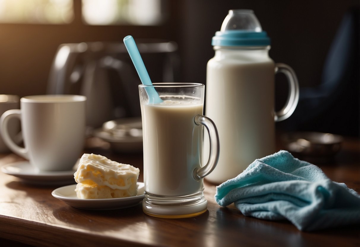 A baby bottle overflowing with milk, surrounded by scattered burp cloths and a tired parent's coffee mug