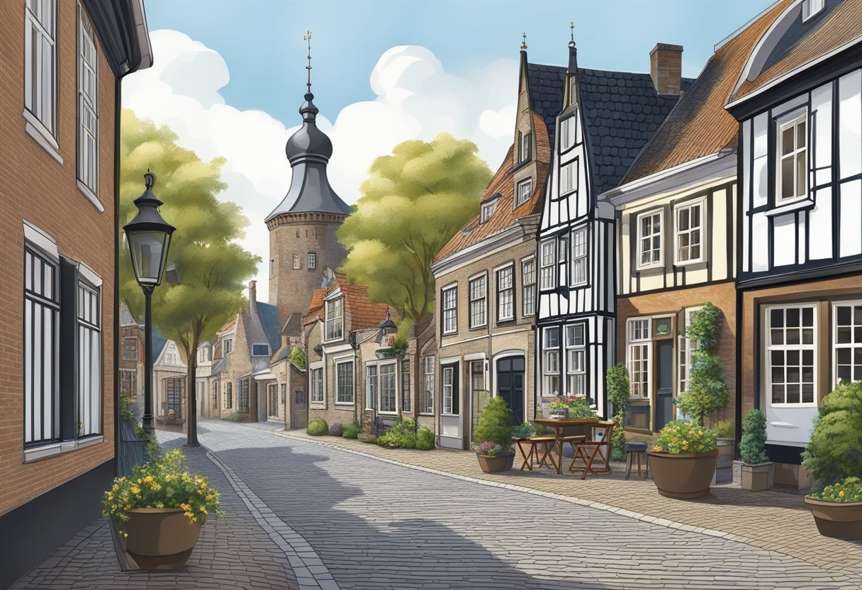 The historical town of Hengelo in Gelderland is depicted with a medieval castle, winding cobblestone streets, and traditional Dutch architecture