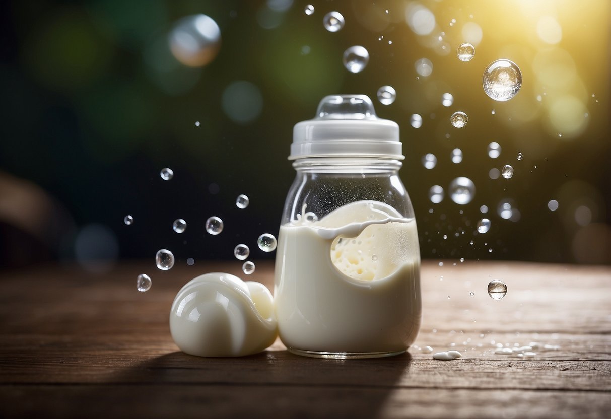 A baby bottle overflowing with milk as bubbles rise to the surface, indicating improper burping technique