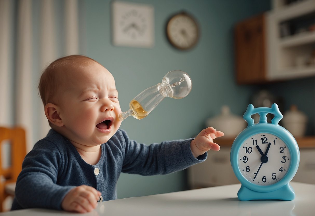 A crying baby reaches out to a bottle while a clock shows feeding time. The caregiver is distracted, not noticing the hunger cues