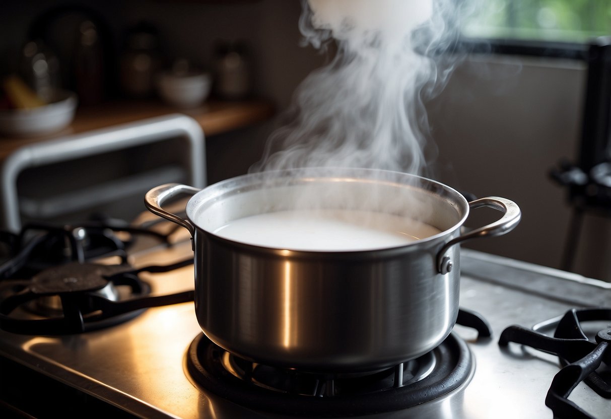 Steam rises from a pot of milk on a hot stove, indicating overheating. A thermometer hovers above, showing a temperature above the recommended level