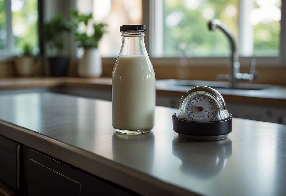 A bottle of milk sits on a kitchen counter, while a thermometer hovers nearby, untouched