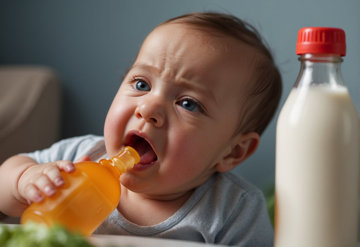 A crying baby with a bottle tilted too high, spilling milk. Another baby with a red, irritated rash around their mouth. A parent looking frustrated as they try to feed their baby