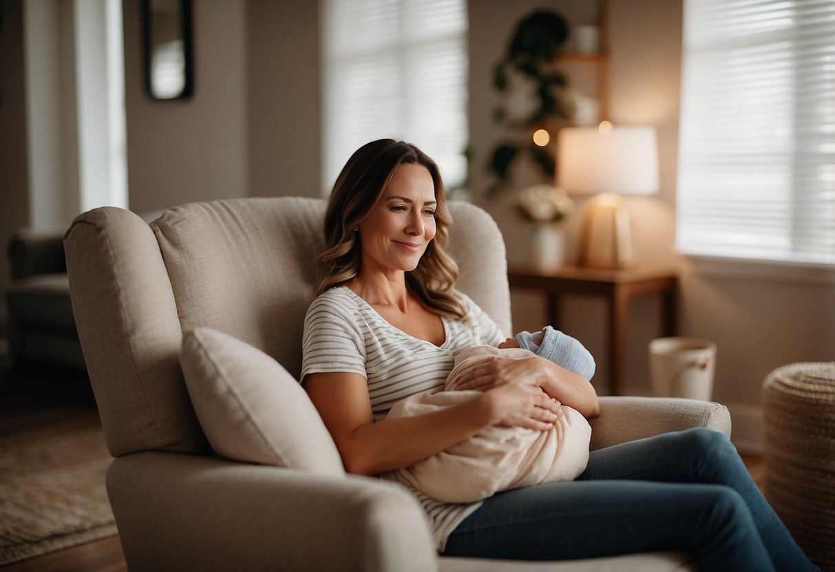 A peaceful mother sits in a cozy chair, surrounded by supportive pillows. Soft light fills the room as she holds her baby close, gently nursing. A warm, nurturing atmosphere promotes successful breastfeeding