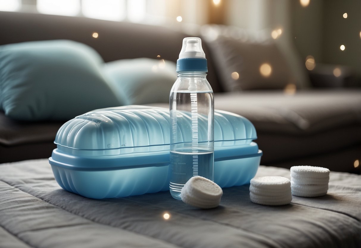 A baby bottle filled with water sits next to a breastfeeding pillow, surrounded by a stack of nursing pads and a water bottle with a straw