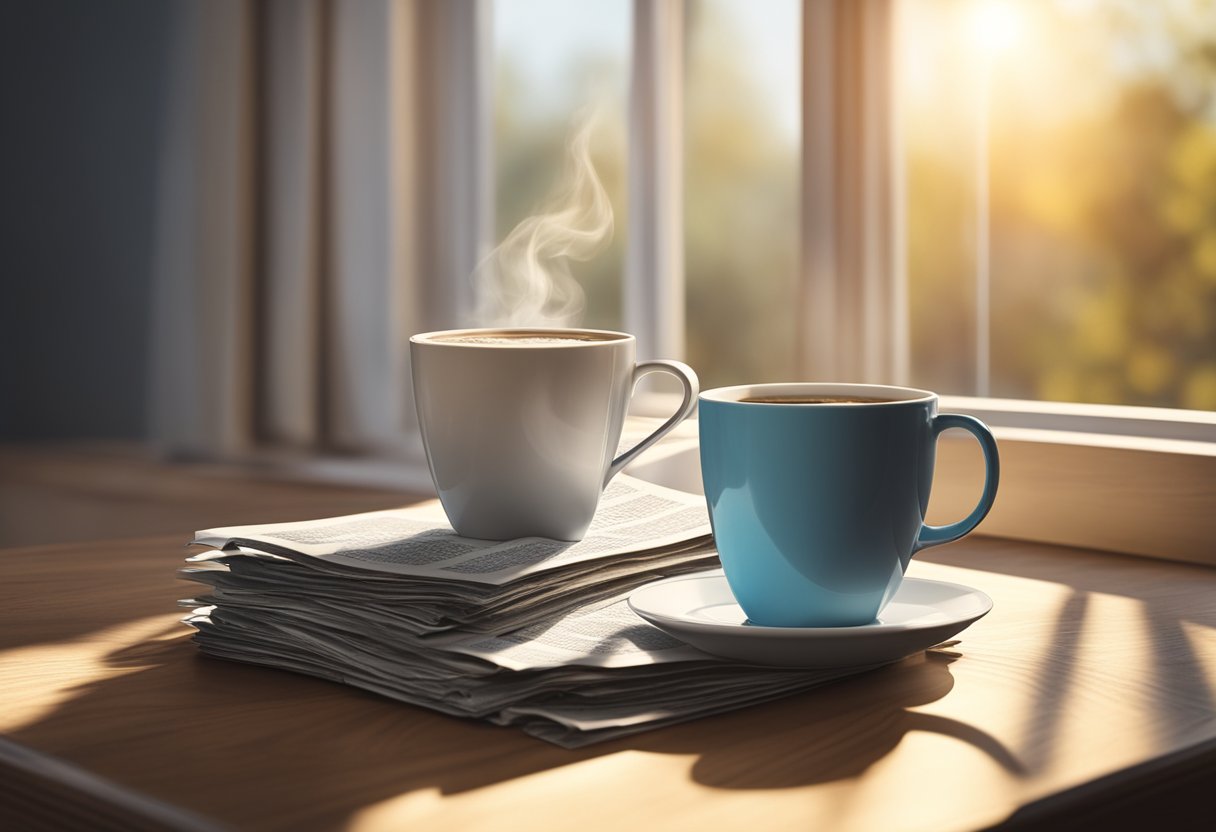 A stack of Gelderlander newspapers on a wooden table with a steaming cup of coffee beside it. Sunlight filters through a nearby window, casting a warm glow on the scene