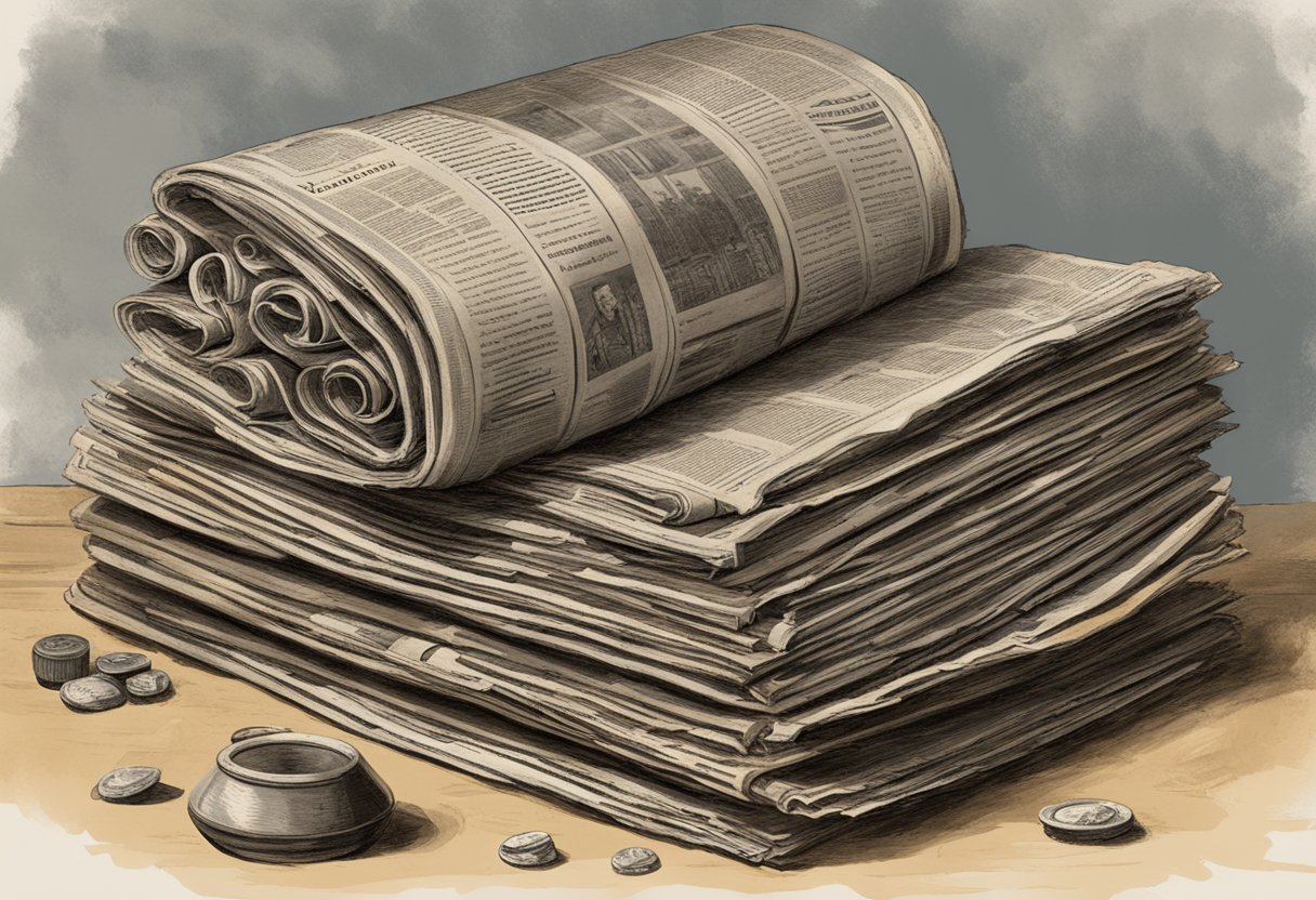 A stack of old newspapers with "Gelderlander" printed on the masthead, surrounded by historical artifacts and documents