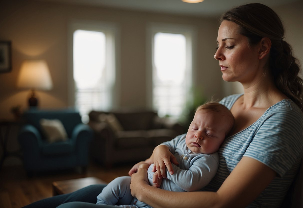 A tired mother sits in a dimly lit room, struggling to find a comfortable position as she breastfeeds her baby. She looks exhausted and frustrated as she faces the challenges of breastfeeding