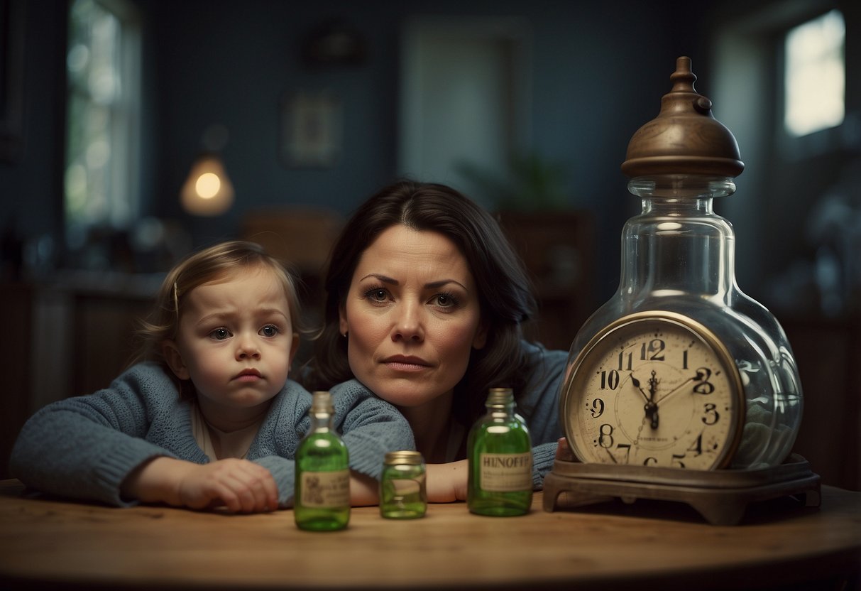 A tired mother sits surrounded by empty bottles and a clock showing the passing hours. Her weary expression reflects the challenge of cluster feeding